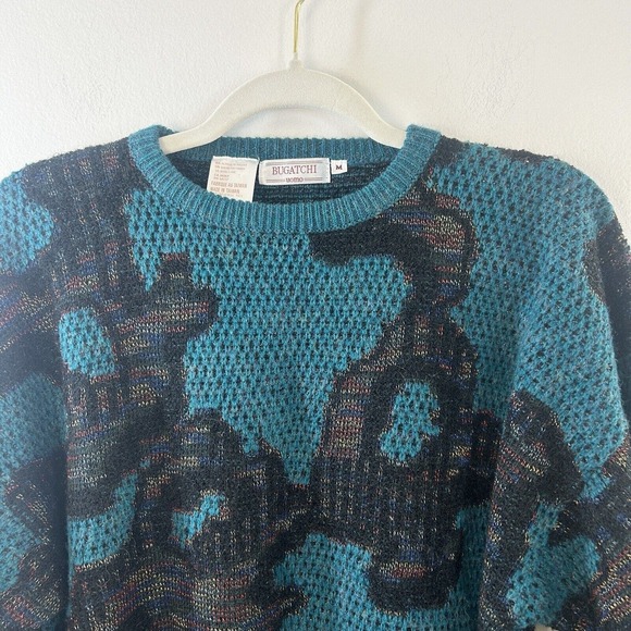 Vintage Bugatchi Sweater Mens M Crew Neck Pullover 90s‎ 80s All Over Print Teal - Picture 3 of 12